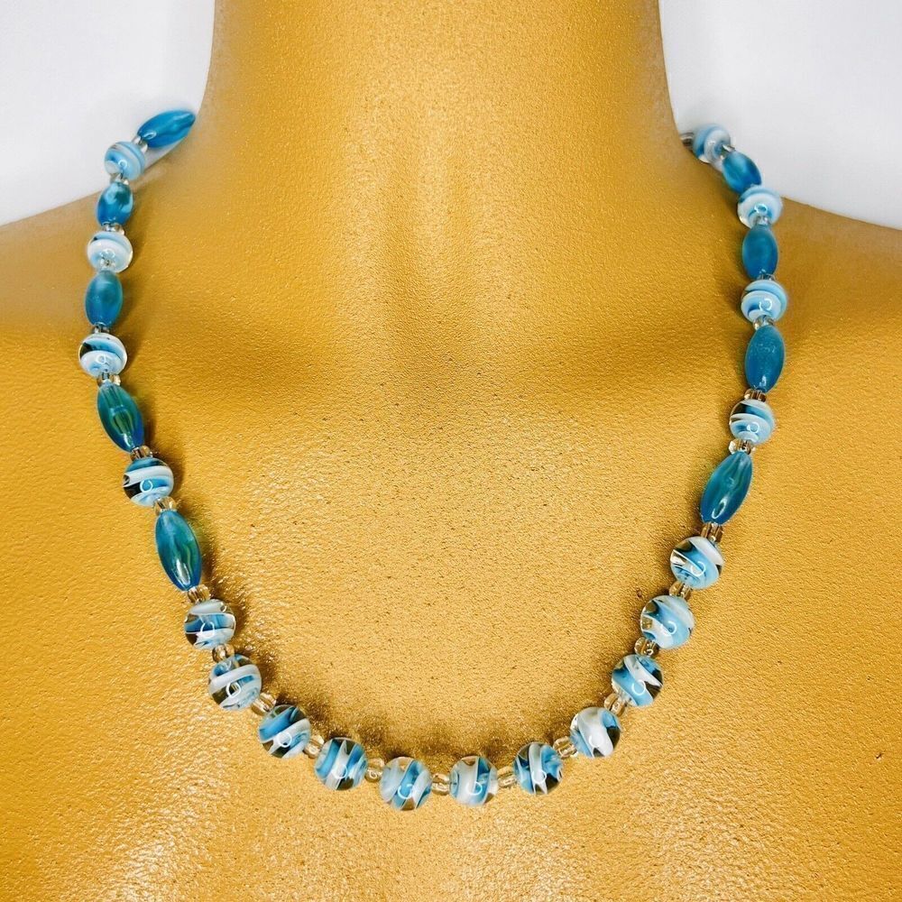 Vintage Art Glass Necklace Crystal White Swirl Aqua Blue AB Sterling Silver 4609